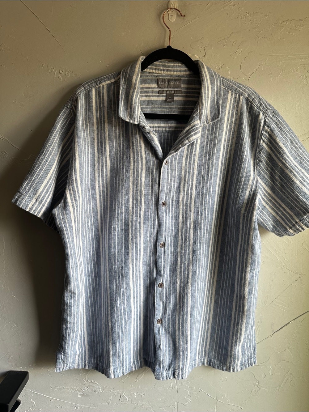 Falls Creek Mens XL Blue Stripe Textured Cotton Resort Shirt Coastal Camp Collar - Picture 2 of 10